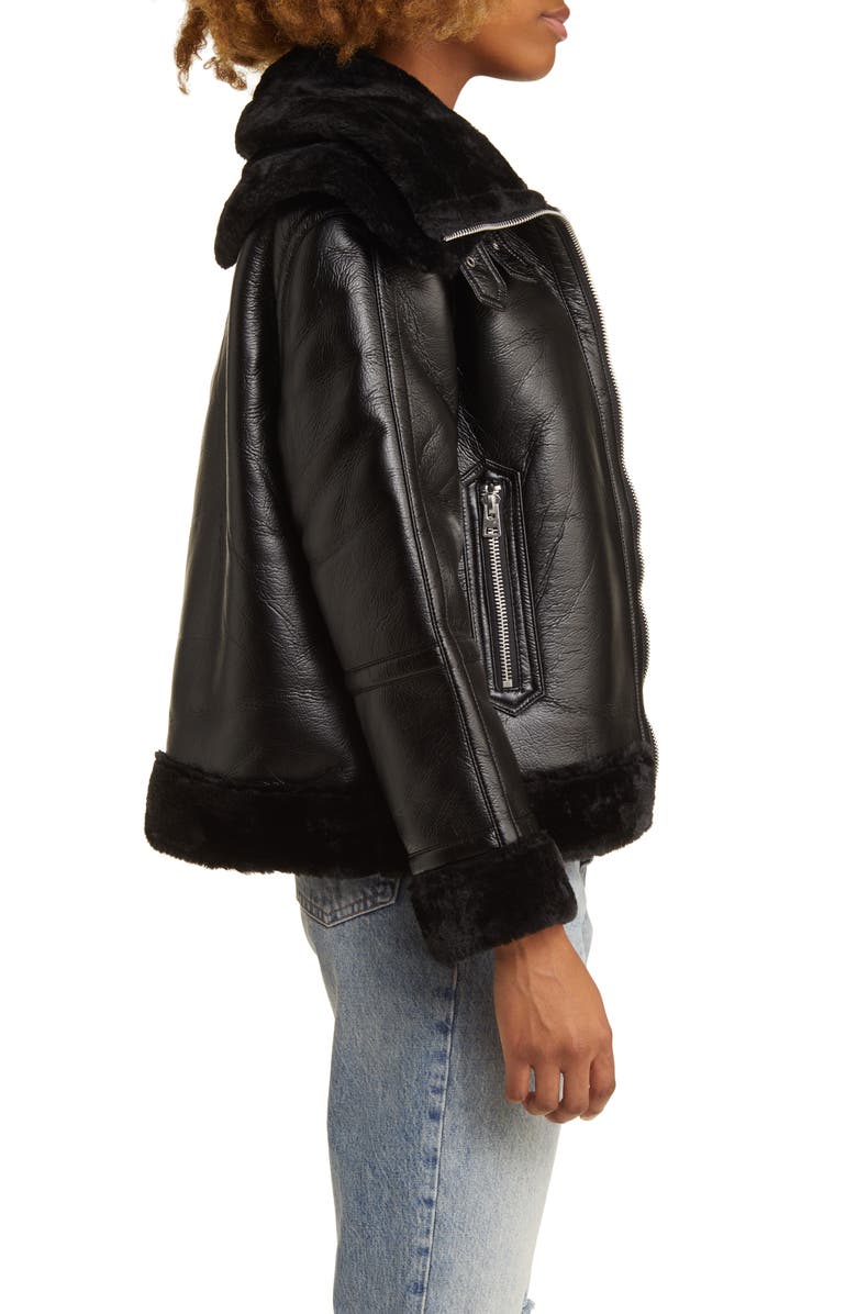 Topshop Faux Leather Aviator Jacket with Faux Fur Trim, Alternate, color,