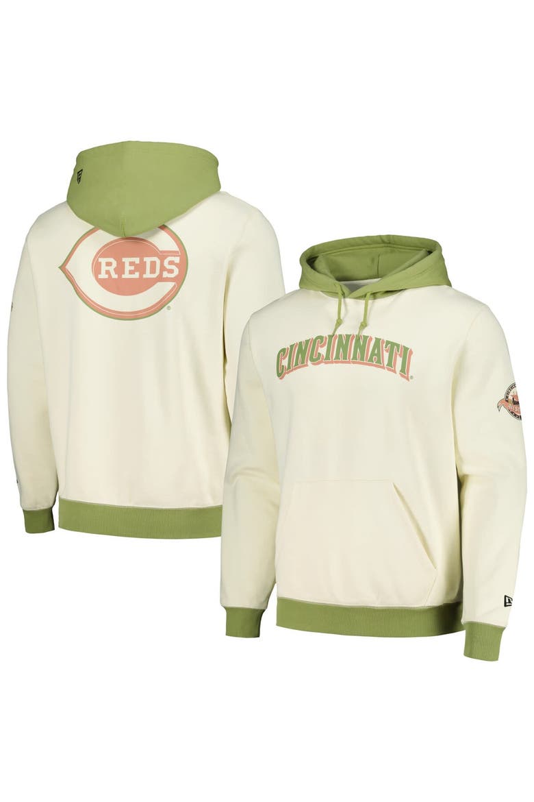 Men's New Era Cream/Green Cincinnati Reds Color Pop Pullover Hoodie, Main, color, Cream