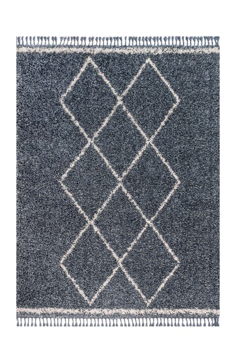 Mercer Shag Plush Tassel Moroccan  Geometric Trellis Denim Area Rug