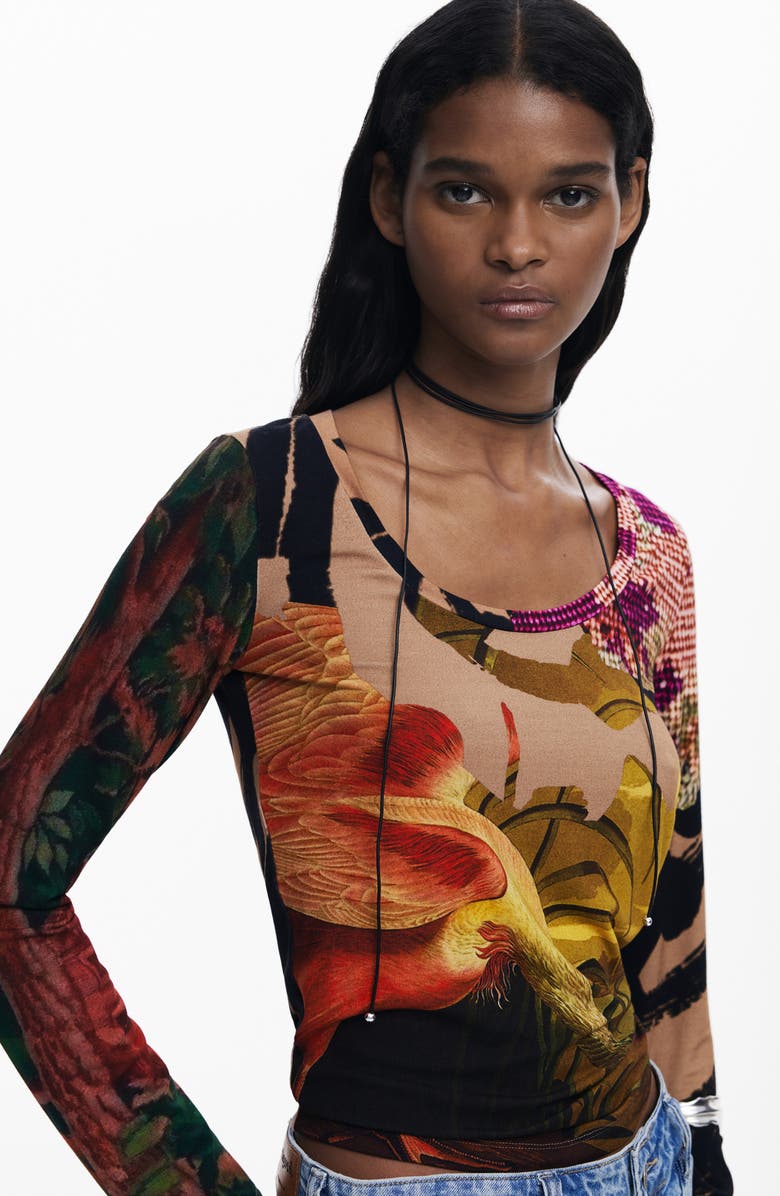 Desigual Abstract Print Scoop Neck T-Shirt, Alternate, color, Pink