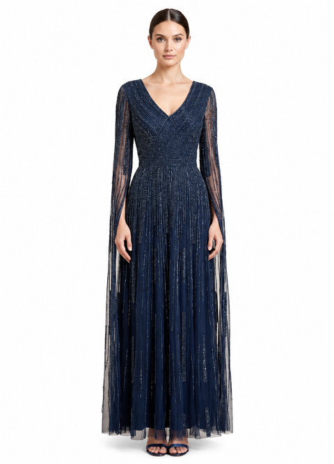 V-Neck Beaded Dress with Long Cape Sleeves