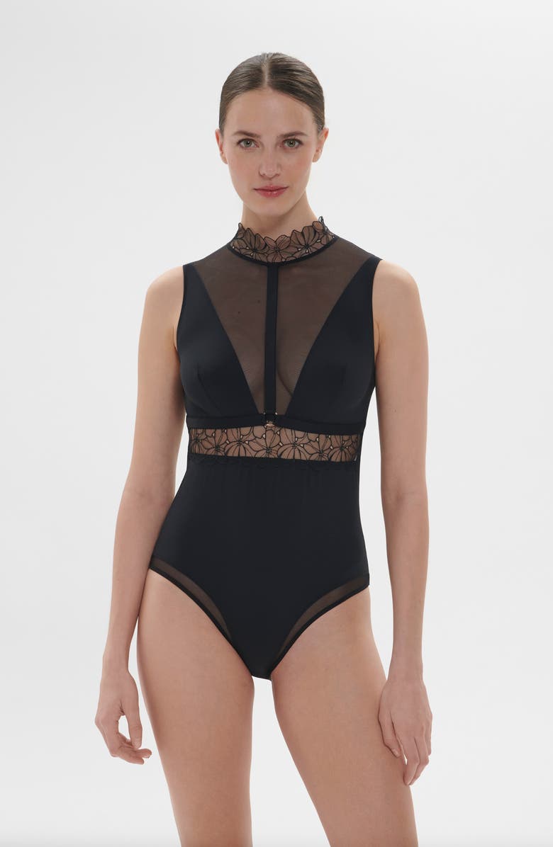 Simone Perele Jeanne Tulle Lace Bodysuit, Alternate, color, Black