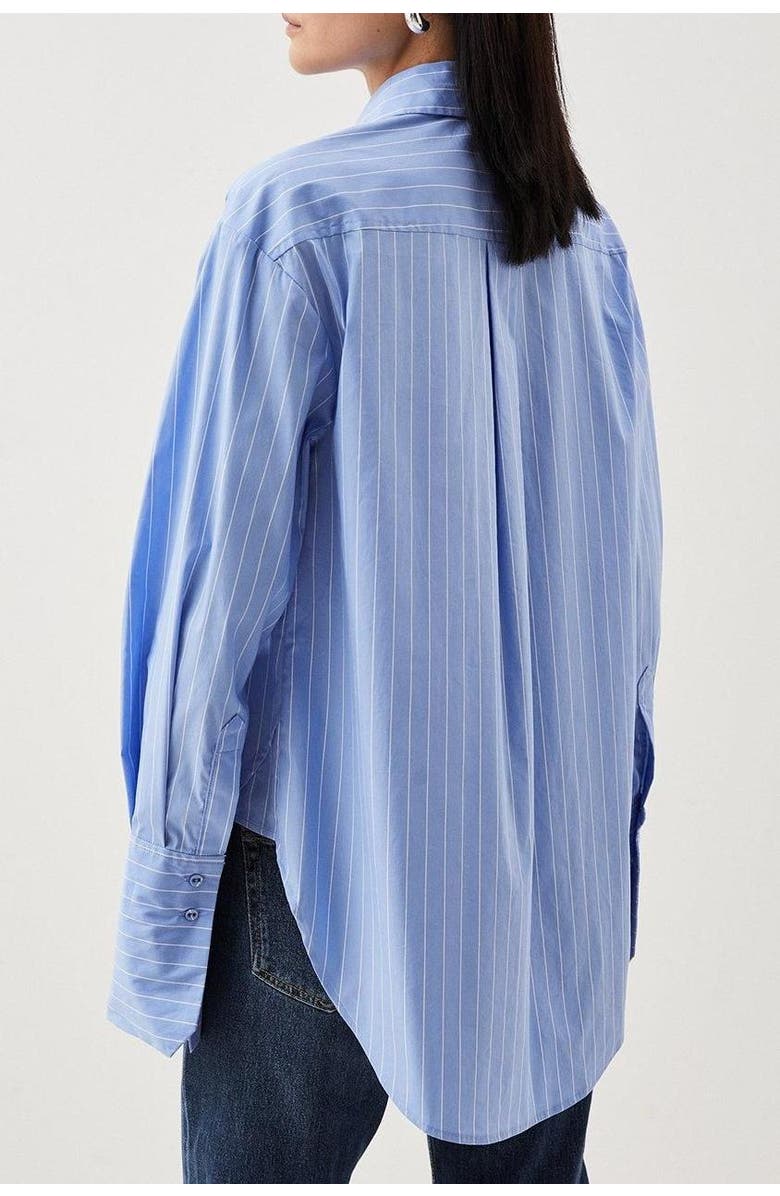 Karen Millen Striped Cotton Tie-Neck Rosette Shirt, Alternate, color, Blue