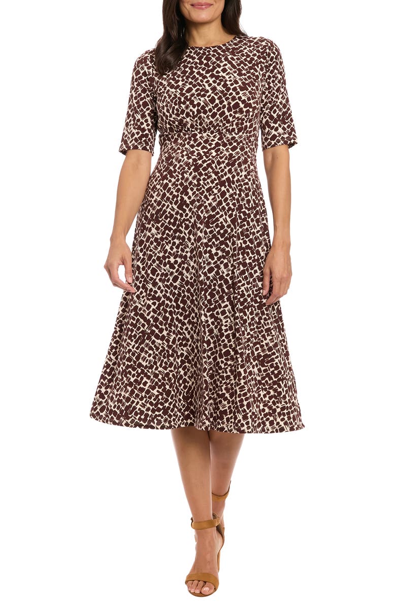 London Times Short Sleeve Inset Waist Fit & Flare Midi Dress, Main, color, Tan/ Choco