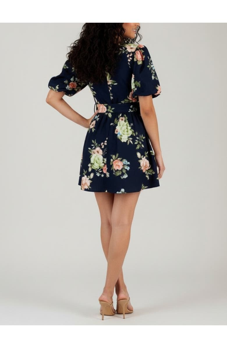 RACHEL Rachel Roy Valeria Puff Sleeve Belted Mini Dress, Alternate, color, Navy Bloom