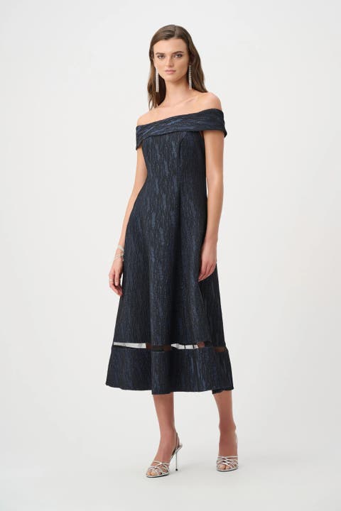 Foil-Textured Jacquard Off-Shoulder Fit and Flare Dress
