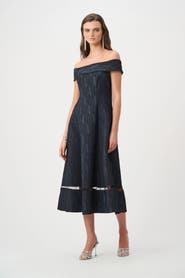 Joseph Ribkoff Foil-Textured Jacquard Off-Shoulder Fit and Flare Dress