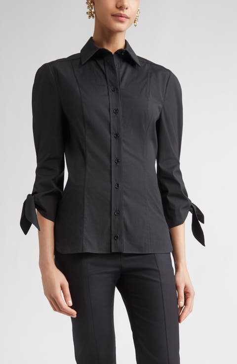 Tie Cuff Cotton Blend Button-Up Shirt