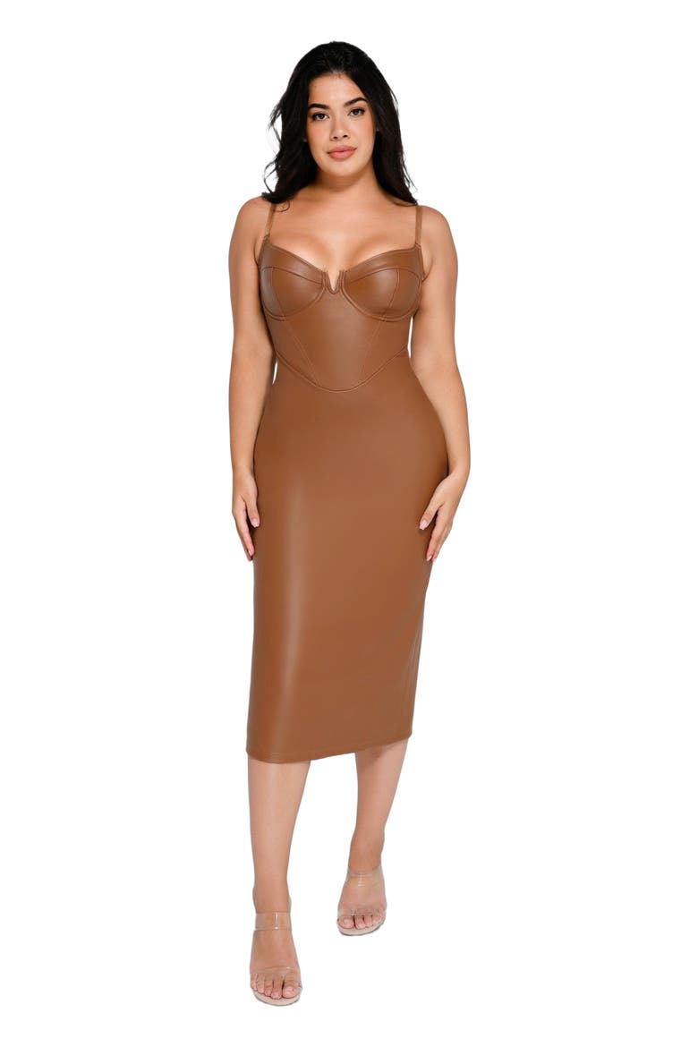 Shapewear Faux Leather Hourglass Corset Midi Dress, Main, color, Caramel Brown