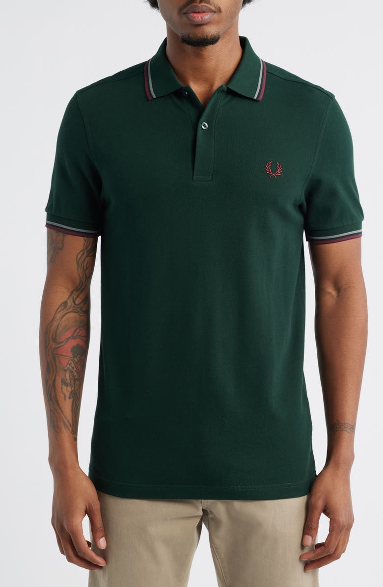 Fred Perry Extra Trim Fit Twin Tipped Piqué Polo, Main, color, Dark Green/ Grey/ Oxblood