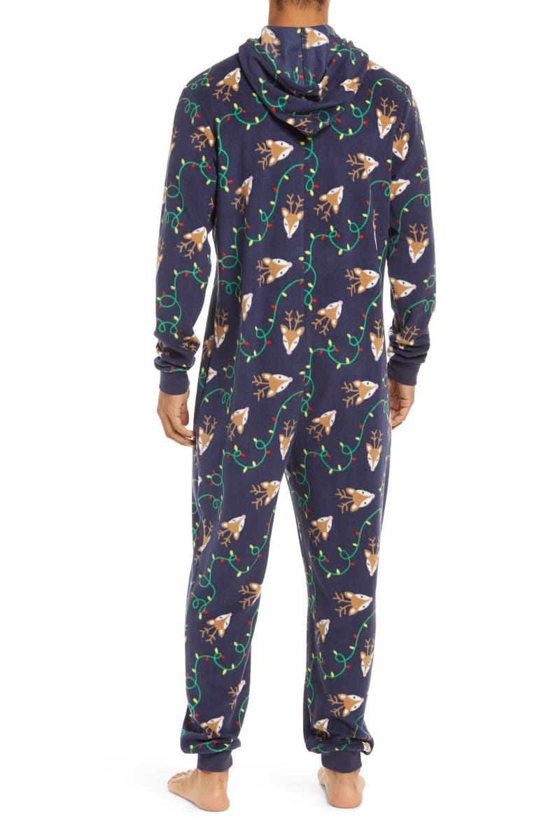 Fam Jam Microfleece Hooded Jumpsuit Pajamas, Alternate, color, NAVY PEACOAT REINDEER