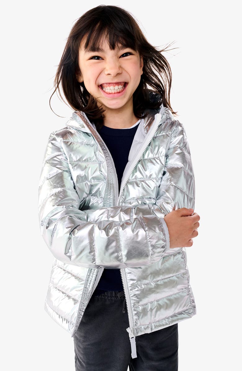 Primary Kids' Lightweight Water Repellent Metallic Puffer Jacket, Alternate, color, Silver