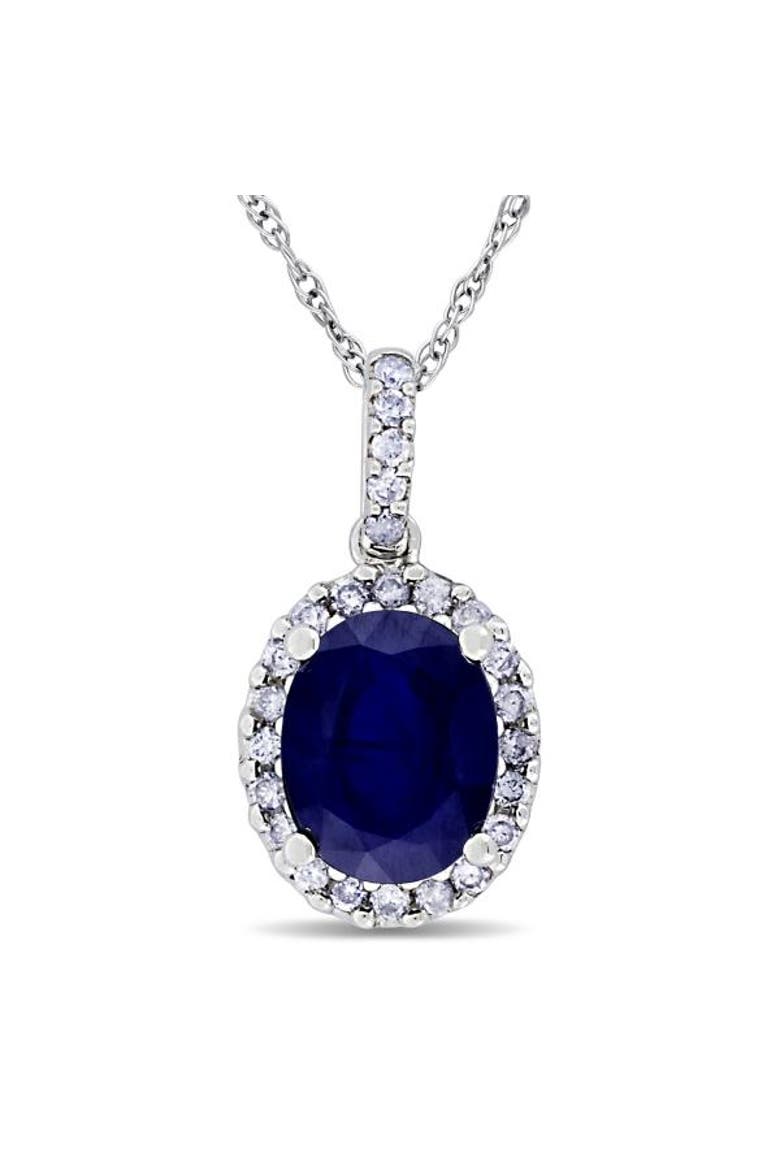 Lab Blue Sapphire & Halo Diamond Pendant Necklace 14k 2.90ct, Main, color, White Gold