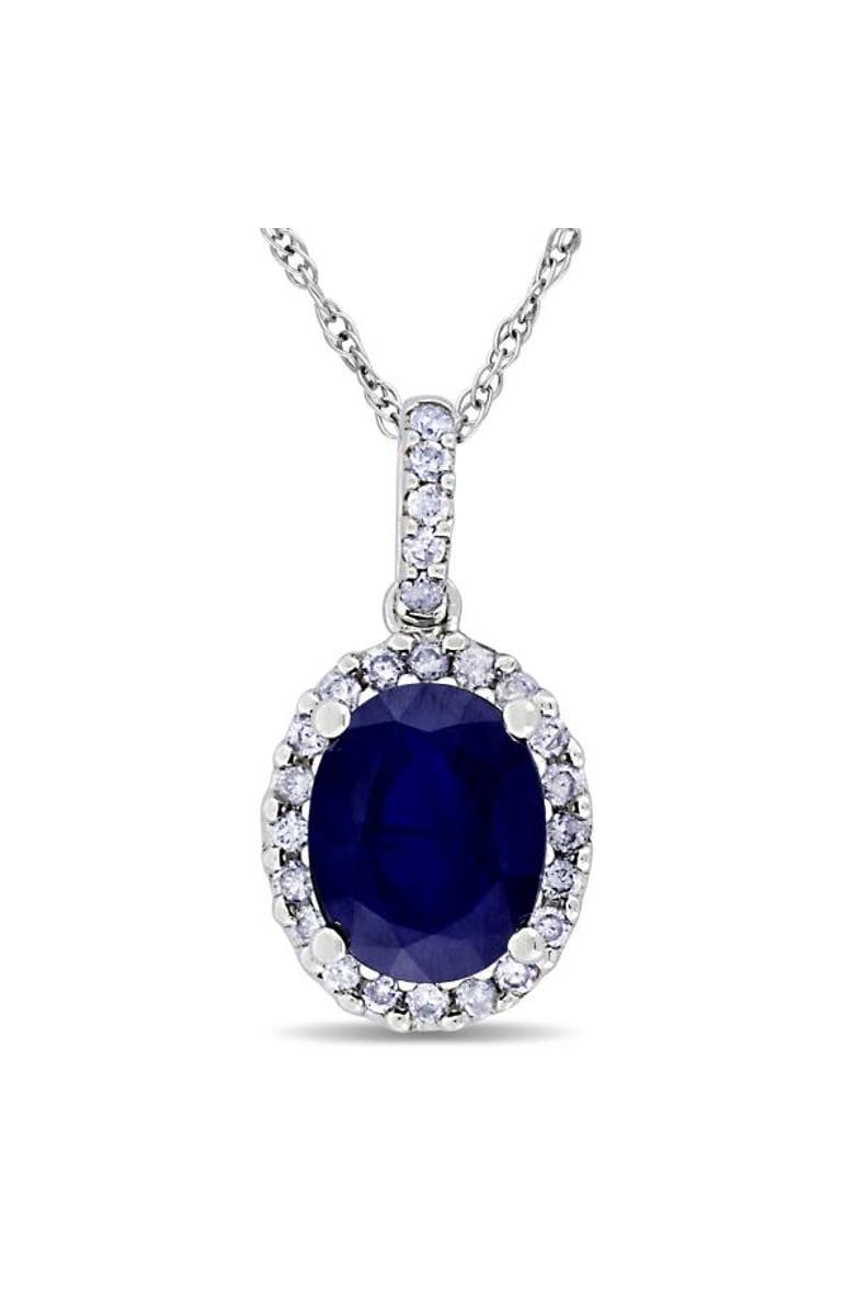 ALLUREZ Lab Blue Sapphire & Halo Diamond Pendant Necklace 14k 2.90ct, Main, color, White Gold