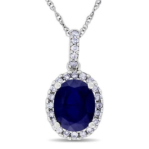 Lab Blue Sapphire & Halo Diamond Pendant Necklace 14k 2.90ct