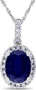 ALLUREZ Lab Blue Sapphire & Halo Diamond Pendant Necklace 14k 2.90ct