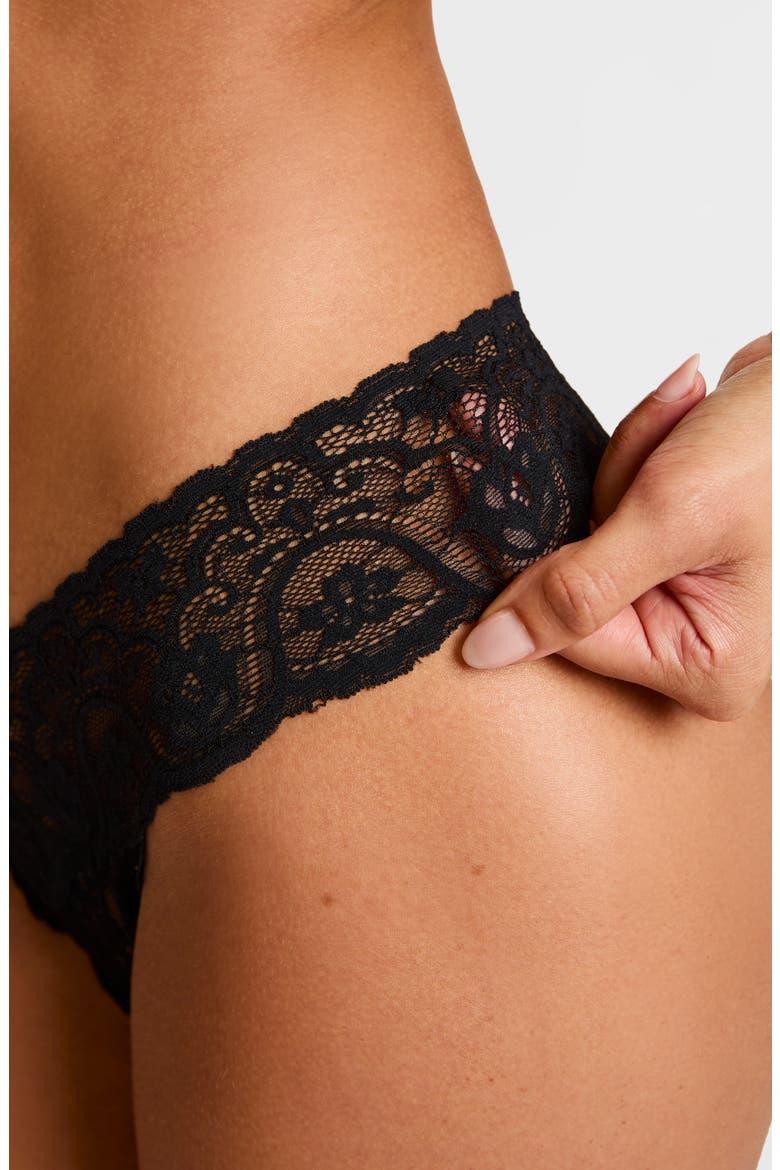 'Tulip' Lace Thong, Alternate, color, BLACK
