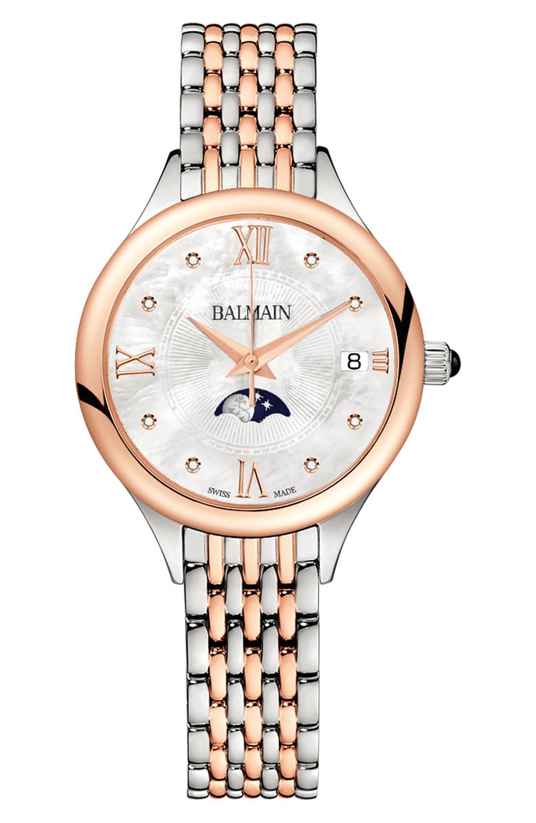 BALMAIN WATCHES Mother-of-Pearl Diamond Moon Phase Bracelet Watch, 31mm, Main, color, 