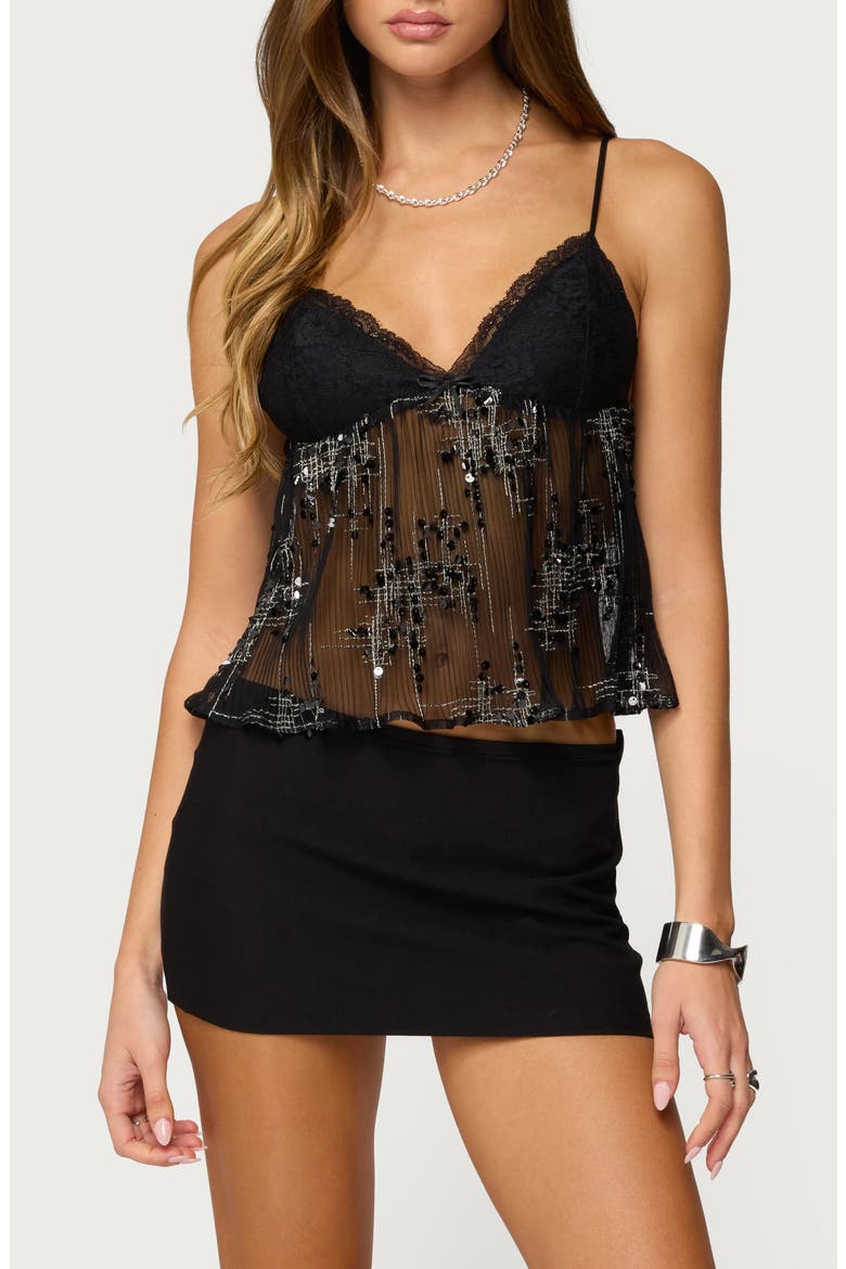 Sequin Sheer Mesh Crop Top, Main, color, BLACK