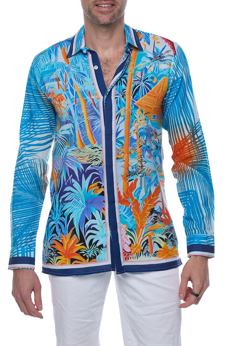 RANEES Resort Extra Trim Fit Linen & Cotton Button-Up Shirt, Main, color, Blue