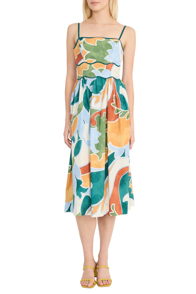 Geo Print A-Line Dress, Main, color, PASTEL BLUE/DEEP EMERALD