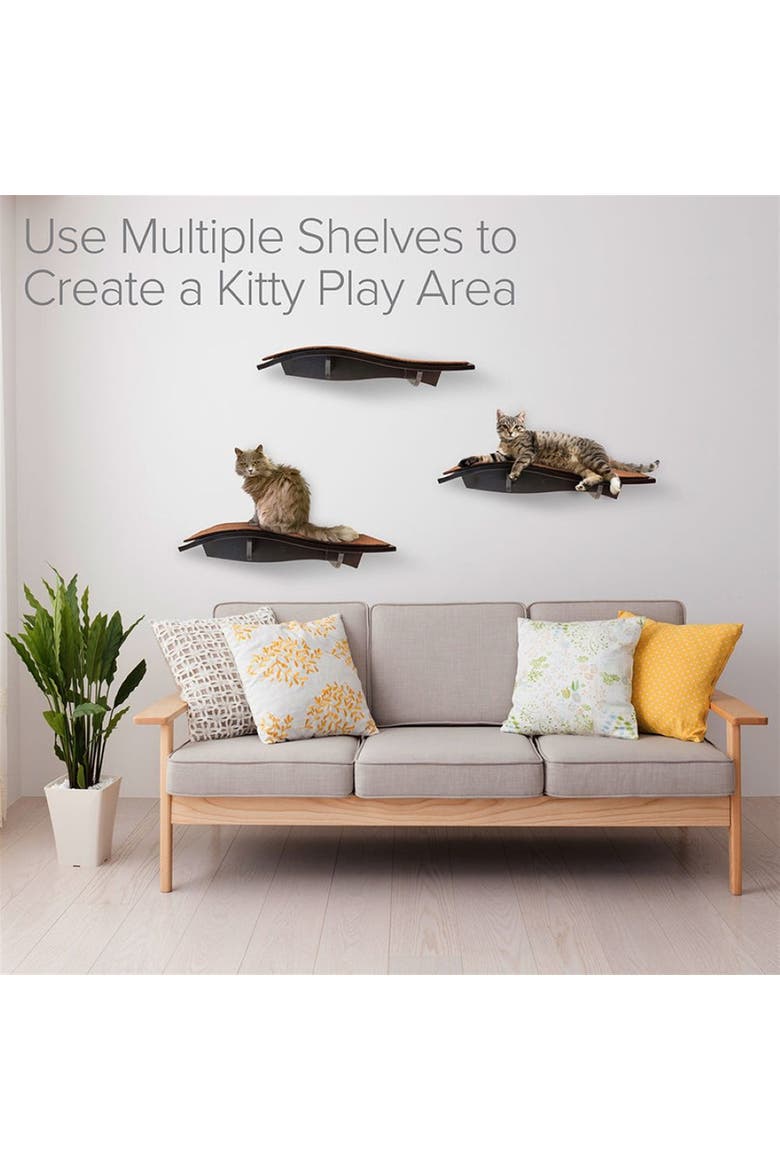 Wall-Mounted Curved Wooden Cat Shelf and Perch, Alternate, color, Brown