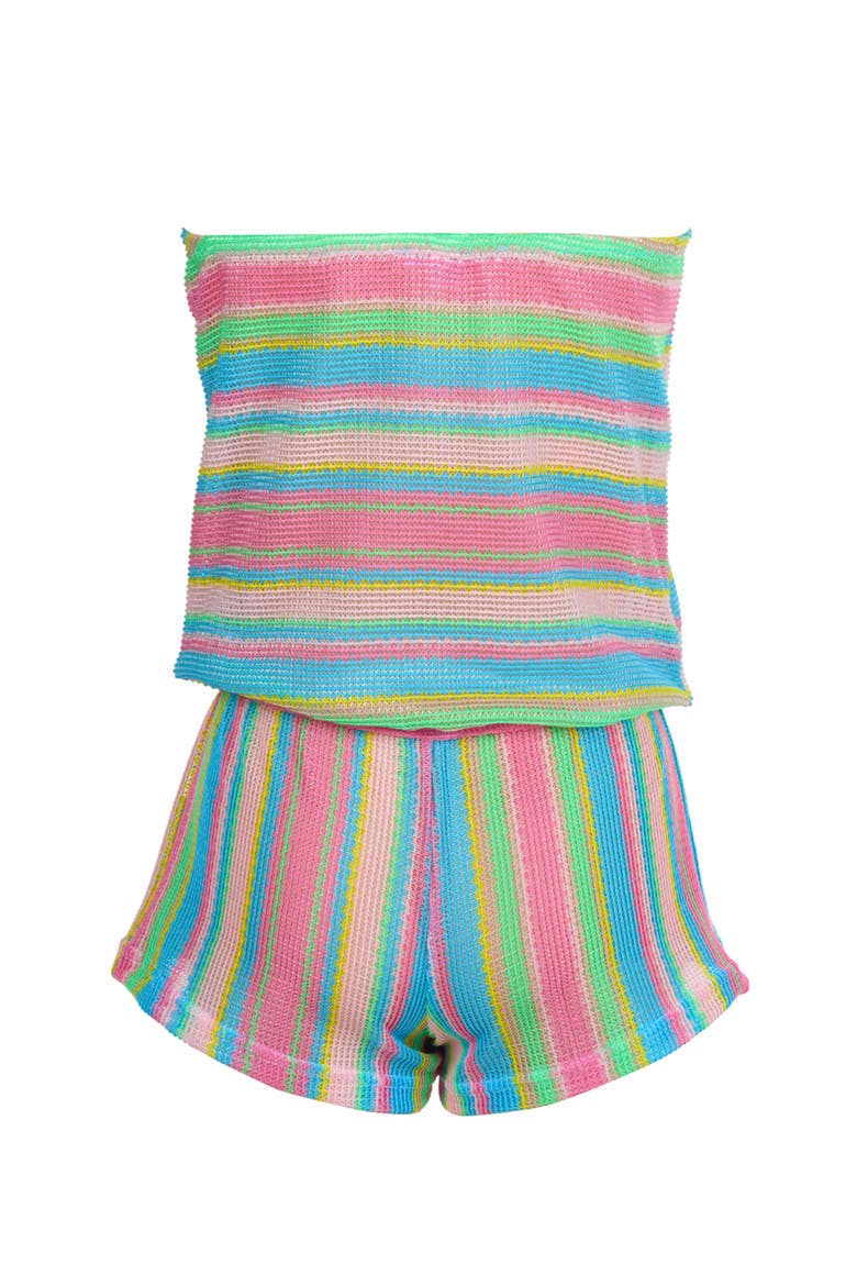 Multi-Color Striped Bandeau Romper with Glittery Pink Bow, Alternate, color, Multicolor