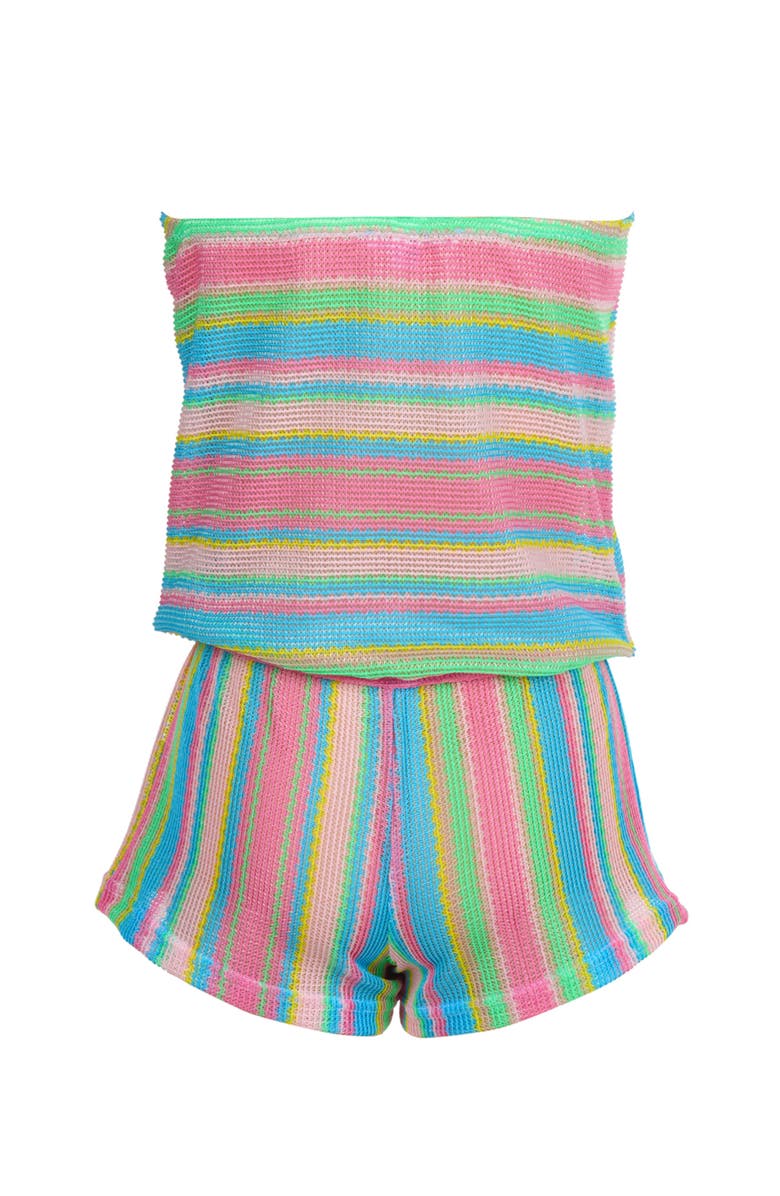 NESSI BYRD Multi-Color Striped Bandeau Romper with Glittery Pink Bow, Alternate, color, Multicolor