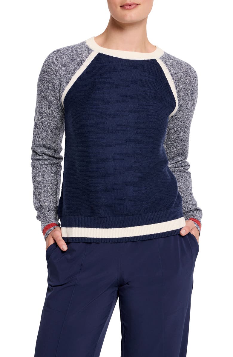NZ ACTIVE by NIC+ZOE Colorblock Mixed Stitch Cotton Blend Crewneck Sweater, Main, color, 
