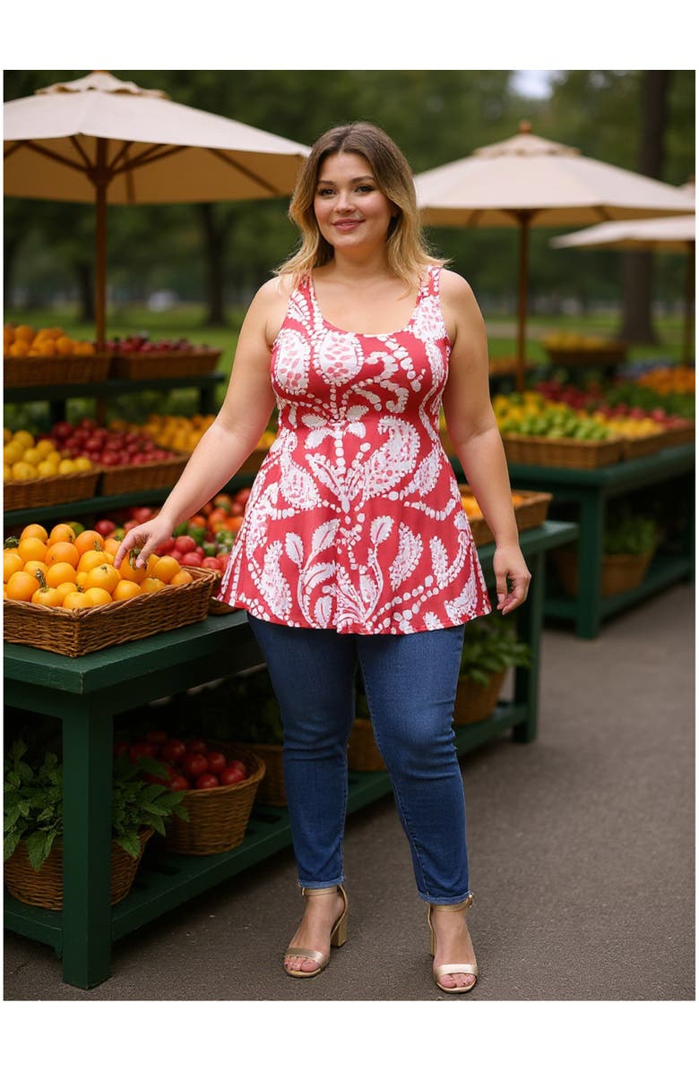 24seven Comfort Apparel Plus Size Paisley Scoop Neck Tunic Tank Top, Alternate, color, Red Multi