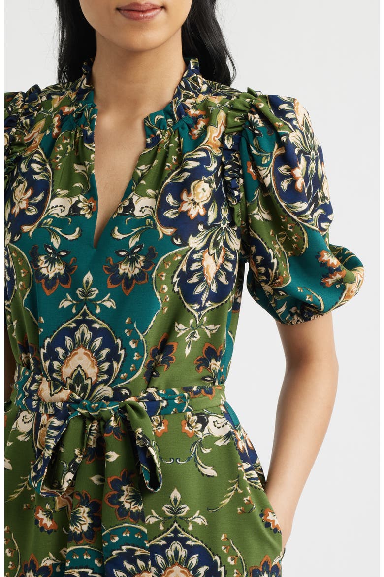 Print Tie Waist Puff Sleeve Dress, Alternate, color, GREEN MULTI