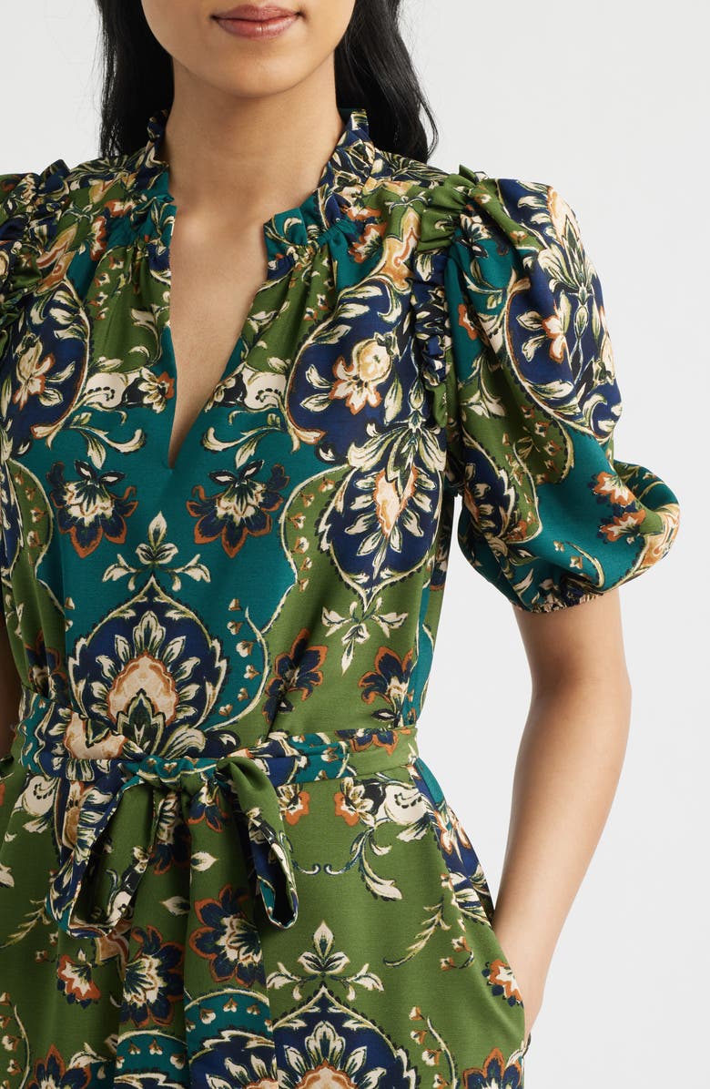 Vince Camuto Print Tie Waist Puff Sleeve Dress, Alternate, color, Green Multi