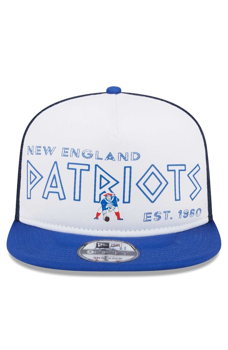 New Era Men's New Era White/Royal New England Patriots Gridiron Classics Banger 9FIFTY Trucker Snapback Hat, Alternate, color, 
