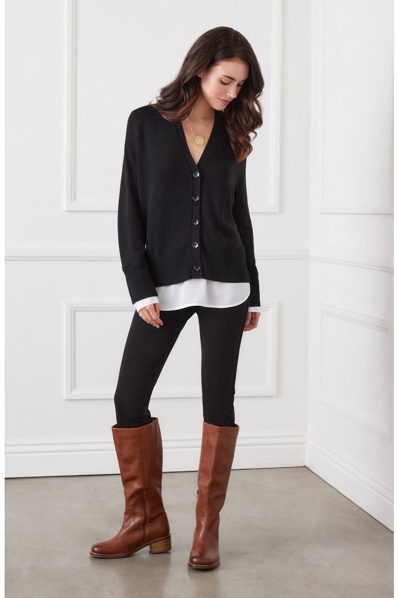 Mixed Media Layered Cardigan, Alternate, color, BLACK