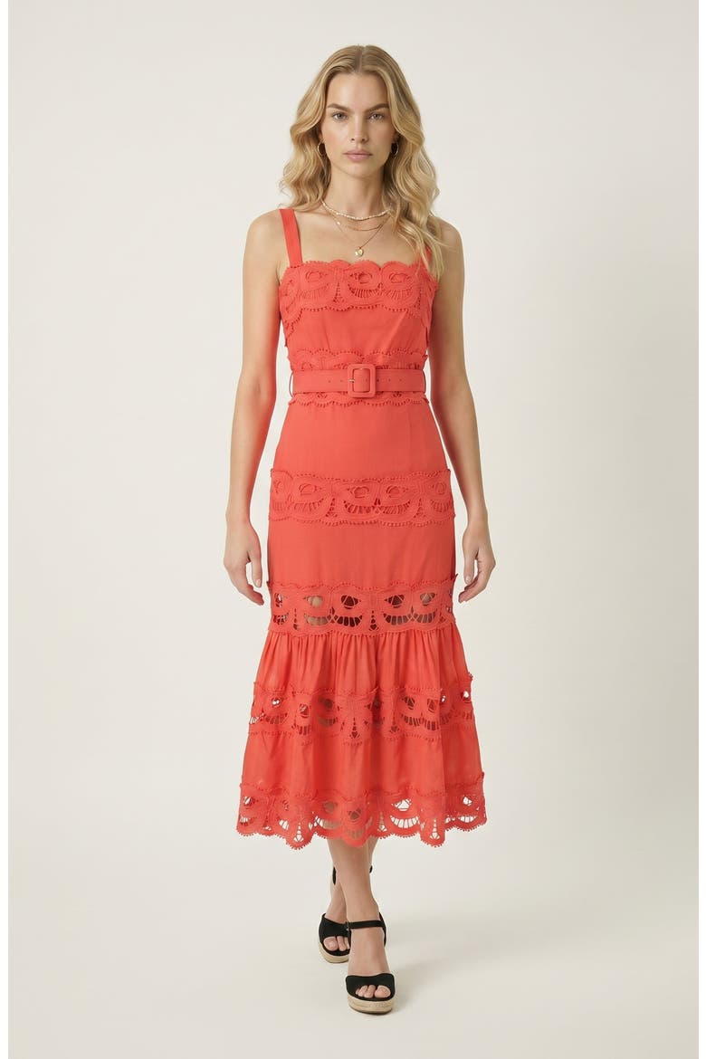Belted Lace Inset Midi Dress with Square Neck and Tiered Skirt, Alternate, color, Red
