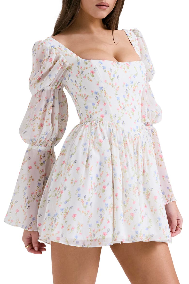 Sancia Floral Print Corset Long Sleeve Minidress, Alternate, color, WHITE/ PINK FLORAL PRINT
