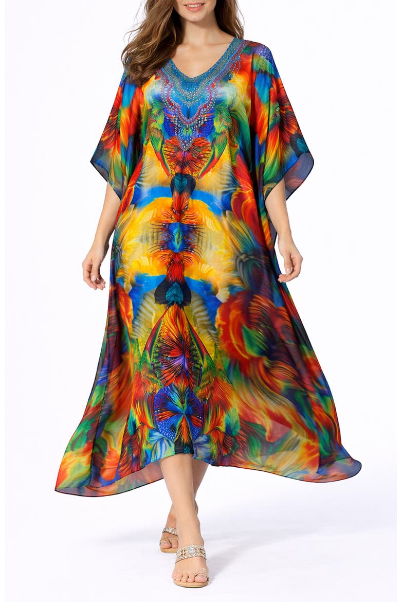 Print V-Neck Maxi Caftan, Main, color, ORANGE