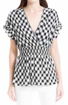 MAX STUDIO Gingham Smocked Waist Flutter Blouse
