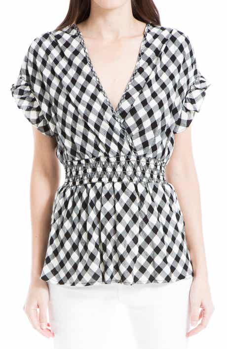 MAX STUDIO Gingham Smocked Waist Flutter Blouse