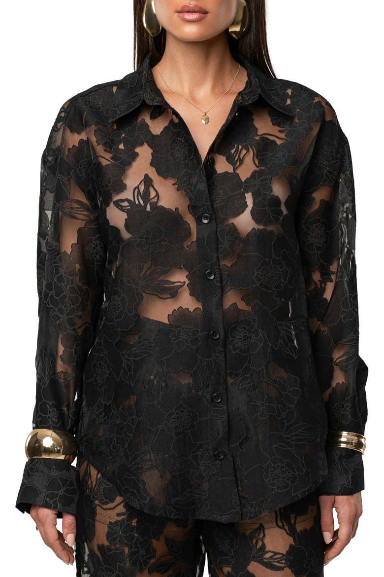 Embroidered Floral Cotton Blend Organza Button-Up Shirt, Main, color, BLACK