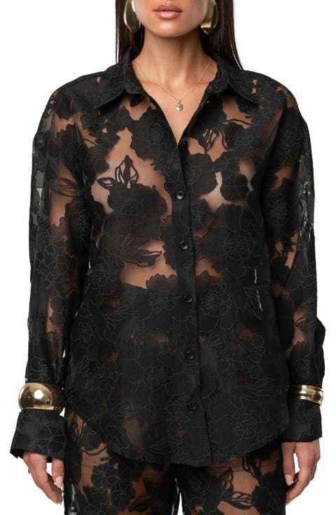 Embroidered Floral Cotton Blend Organza Button-Up Shirt