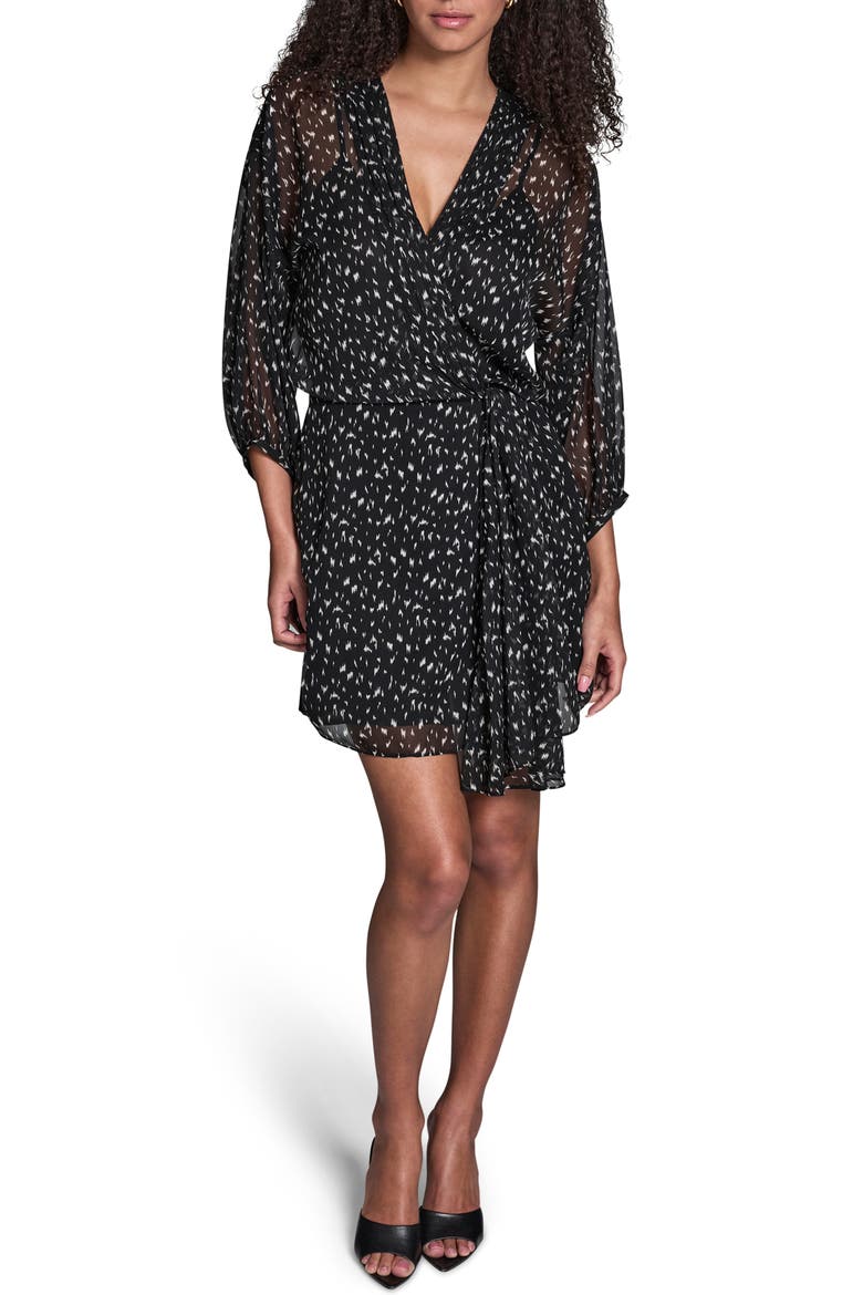 Print Wrap Front Long Sleeve Dress, Main, color, BLACK/ ECRU