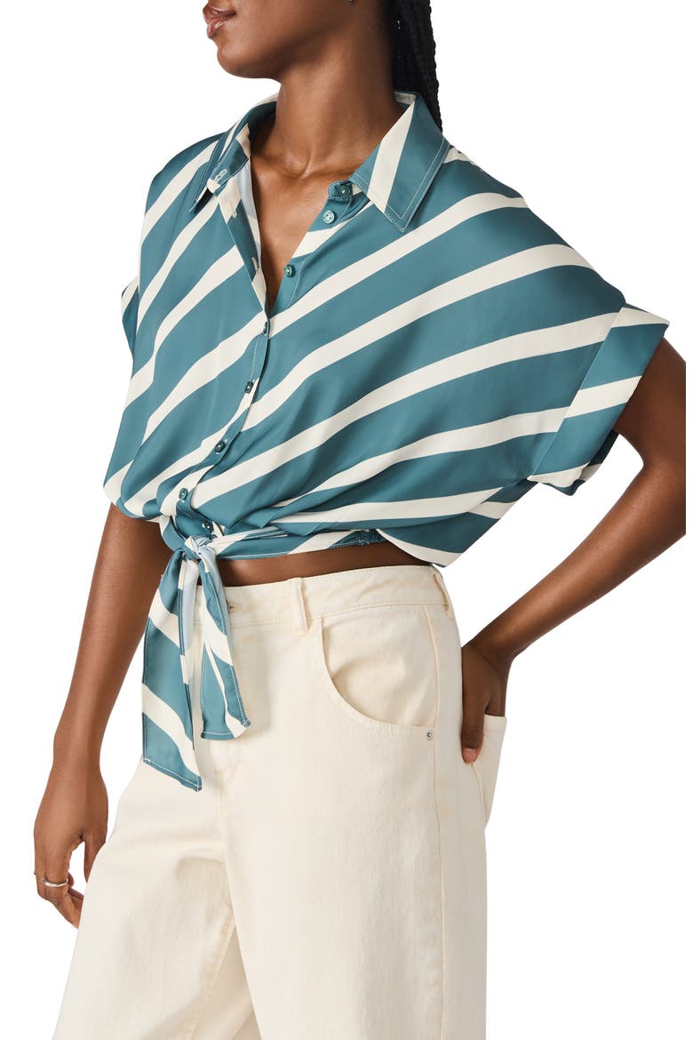 Tori Stripe Short Sleeve Tie Front Shirt, Alternate, color, DUSTY TEAL