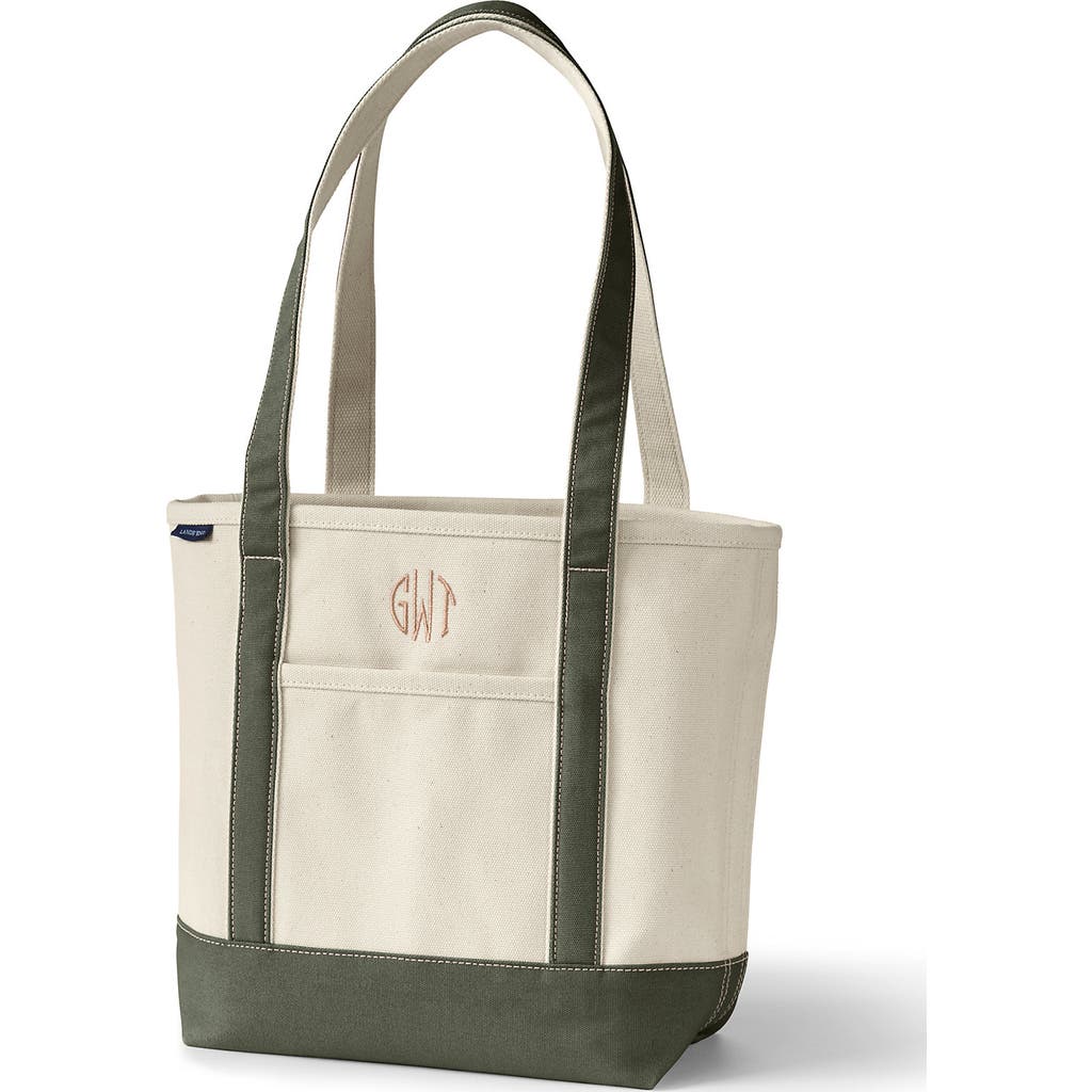 Lands' End Open Top Long Handle Canvas Tote Bag In Natural/dark Olive Green
