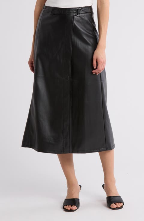 Faux Leather Wide Wrap Midi Skirt