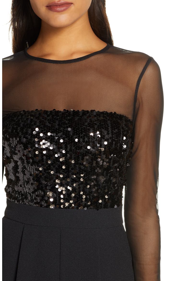 Sequin Bodice Long Sleeve Jumpsuit, Alternate, color, BLACK