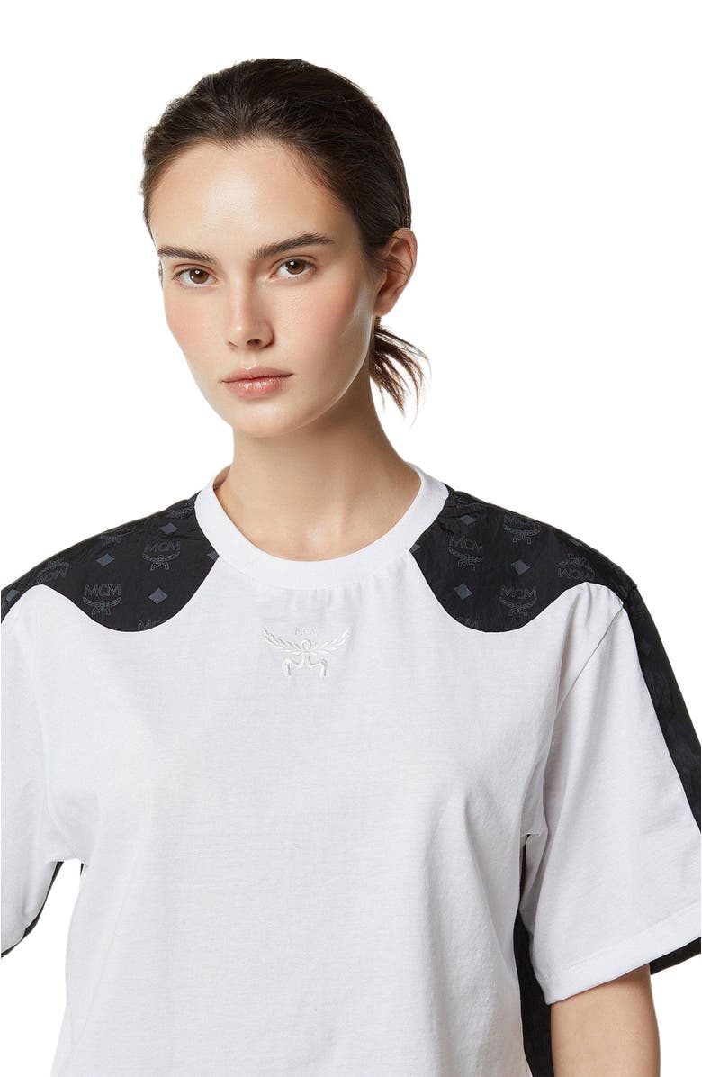 MCM Laurel Cropped T-Shirt in Organic Cotton and Monogram ECONYL, Alternate, color, Black And White