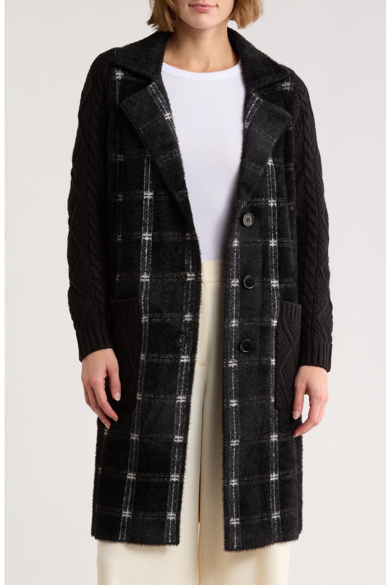 Plaid Longline Cardigan, Main, color, BLACK