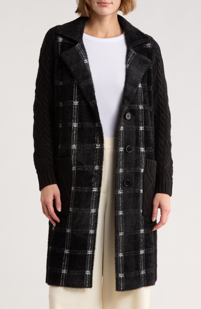 Love Token Plaid Longline Cardigan, Main, color, Black