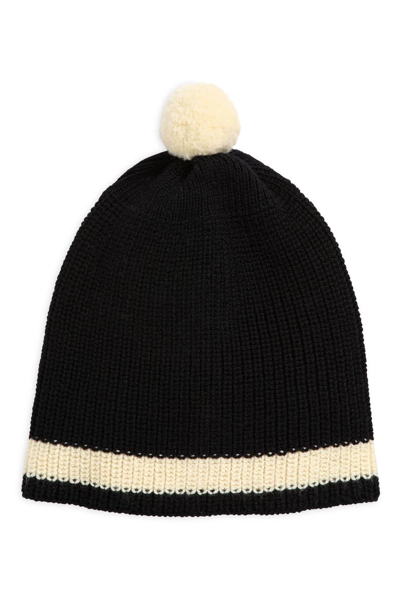 Stripe Merino Wool Pom Beanie, Main, color, BLACK